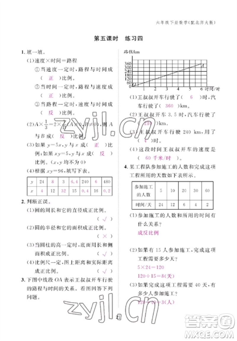 江西教育出版社2023年芝麻開花課堂作業(yè)本六年級數(shù)學(xué)下冊北師大版參考答案