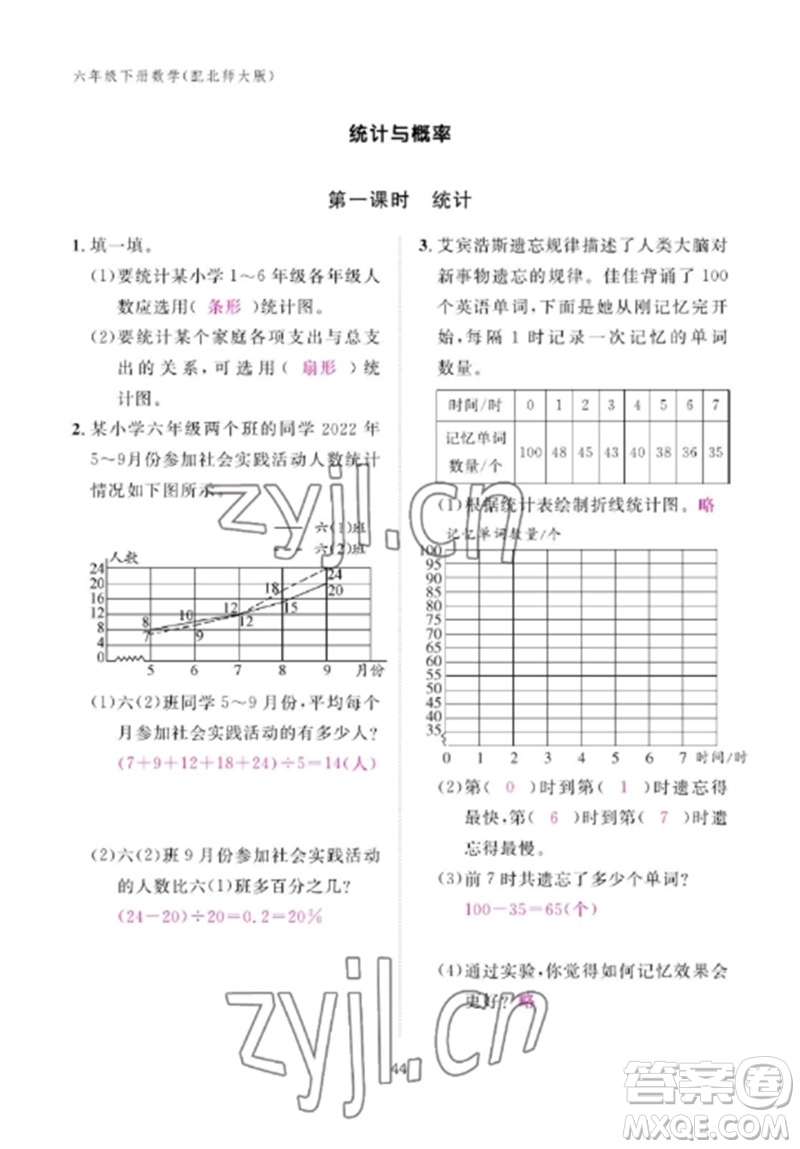江西教育出版社2023年芝麻開花課堂作業(yè)本六年級數(shù)學(xué)下冊北師大版參考答案