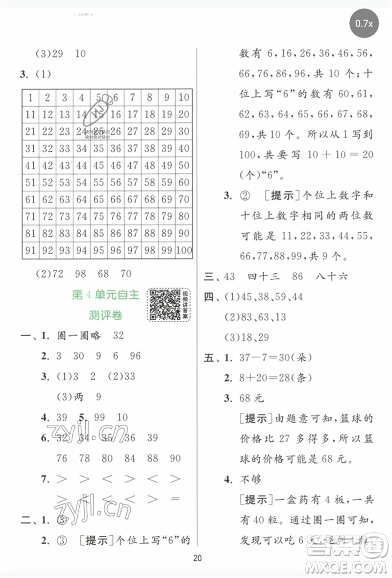 江蘇人民出版社2023實驗班提優(yōu)訓練一年級數(shù)學下冊人教版參考答案