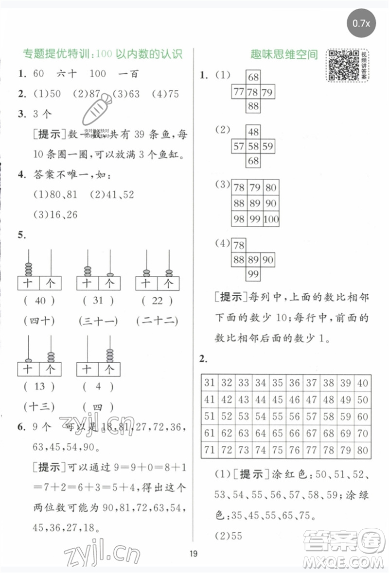 江蘇人民出版社2023實驗班提優(yōu)訓練一年級數(shù)學下冊人教版參考答案