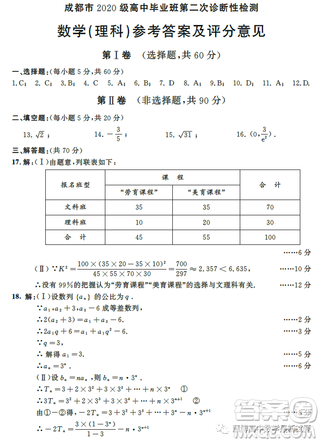 成都市2020級高中畢業(yè)班第二次診斷性檢測數(shù)學理科試卷答案