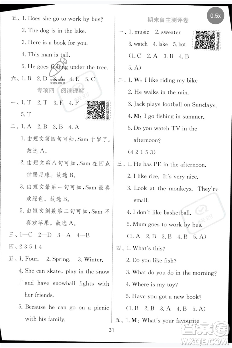 江蘇人民出版社2023實驗班提優(yōu)訓練三年級英語下冊外研版參考答案