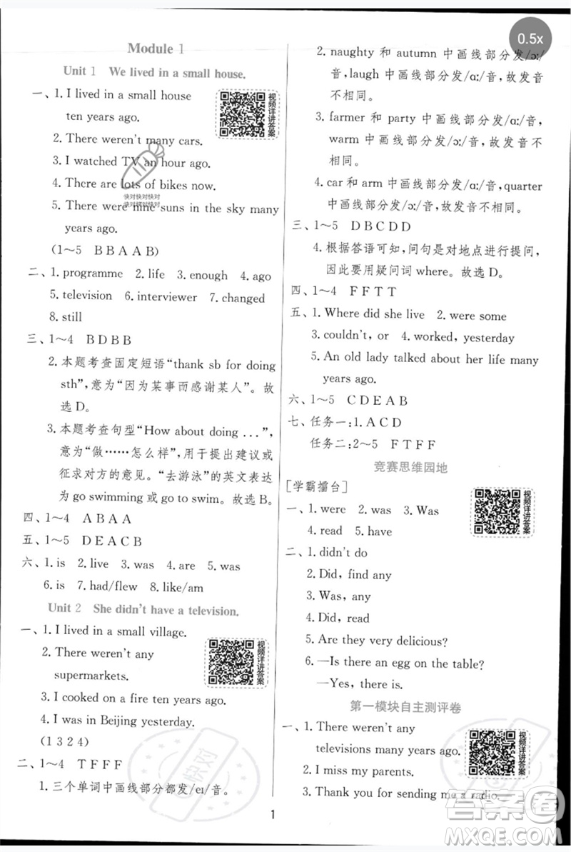 江蘇人民出版社2023實(shí)驗(yàn)班提優(yōu)訓(xùn)練五年級(jí)英語下冊(cè)外研版參考答案