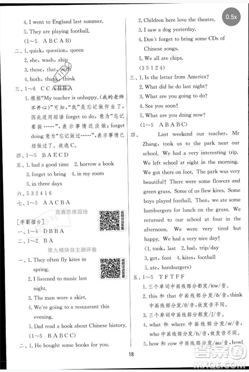 江蘇人民出版社2023實(shí)驗(yàn)班提優(yōu)訓(xùn)練五年級(jí)英語下冊(cè)外研版參考答案
