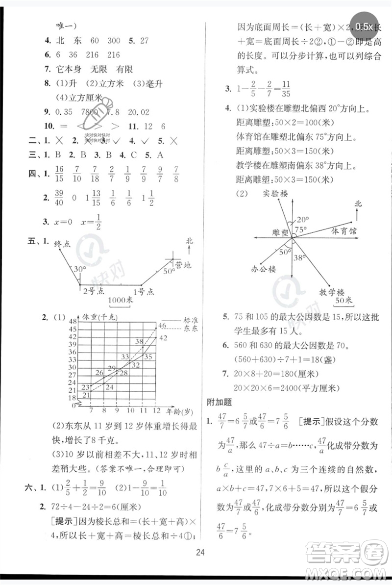 江蘇人民出版社2023實(shí)驗(yàn)班提優(yōu)訓(xùn)練五年級(jí)數(shù)學(xué)下冊(cè)人教青島版參考答案