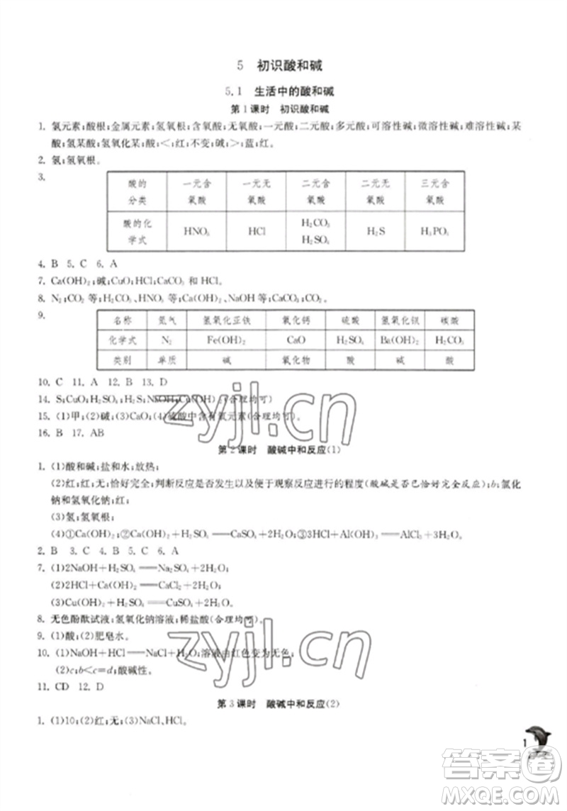 江蘇人民出版社2023實(shí)驗(yàn)班提優(yōu)訓(xùn)練九年級(jí)化學(xué)下冊(cè)滬教版上海專版參考答案