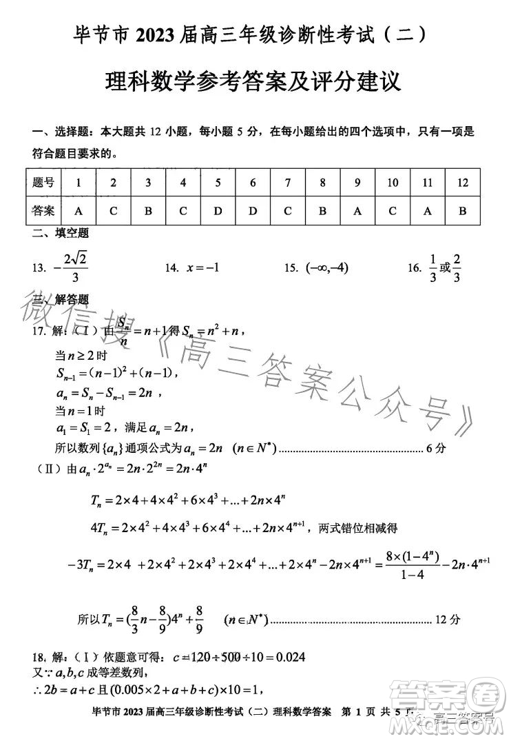 畢節(jié)市2023屆高三年級診斷性考試二理科數(shù)學(xué)試卷答案