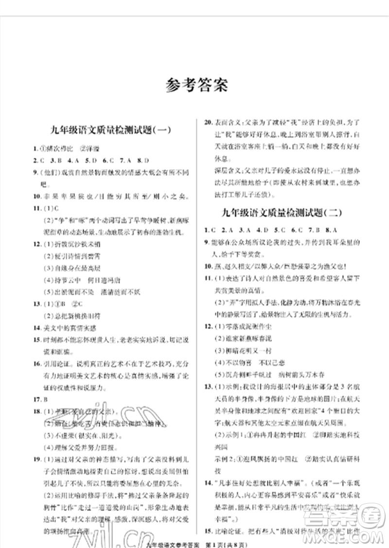 青島出版社2023測(cè)試卷九年級(jí)語(yǔ)文下冊(cè)人教版參考答案