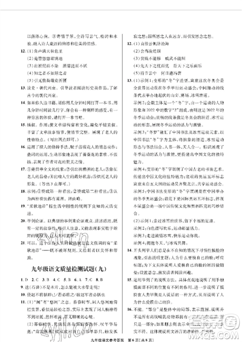 青島出版社2023測(cè)試卷九年級(jí)語(yǔ)文下冊(cè)人教版參考答案
