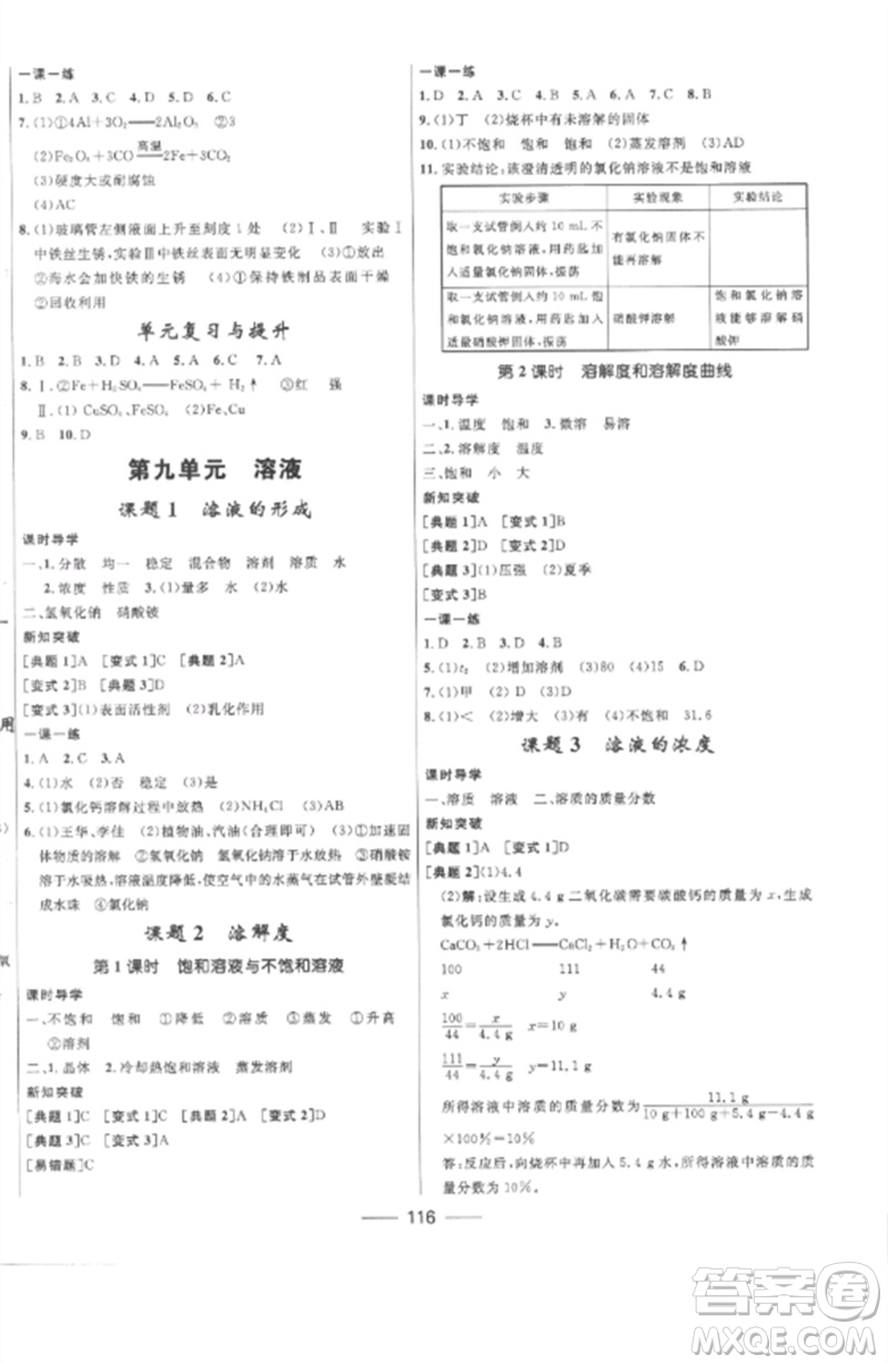 河北少年兒童出版社2023奪冠百分百新導(dǎo)學課時練九年級化學下冊人教版參考答案