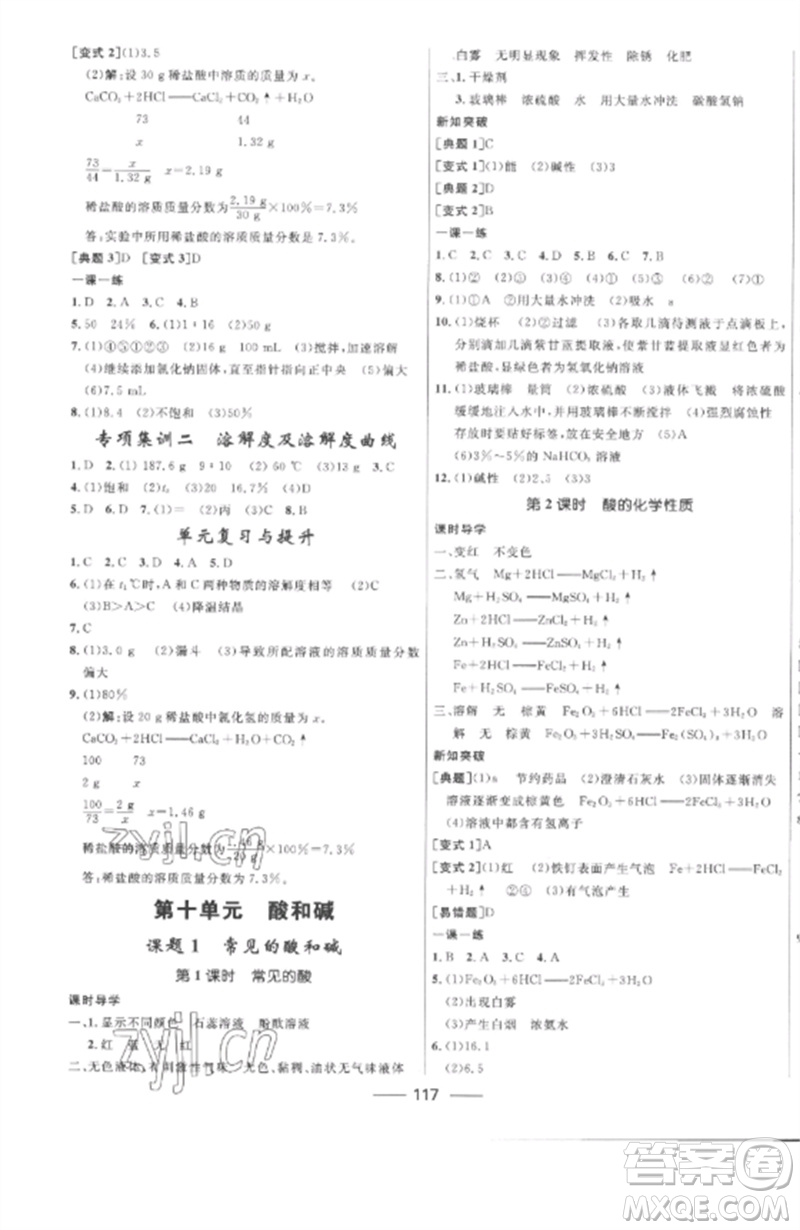 河北少年兒童出版社2023奪冠百分百新導(dǎo)學課時練九年級化學下冊人教版參考答案
