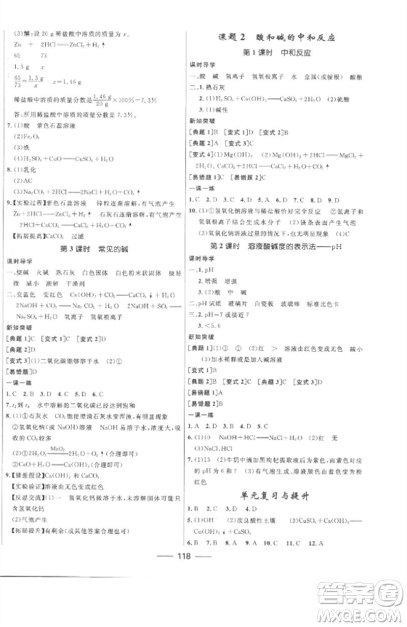 河北少年兒童出版社2023奪冠百分百新導(dǎo)學課時練九年級化學下冊人教版參考答案