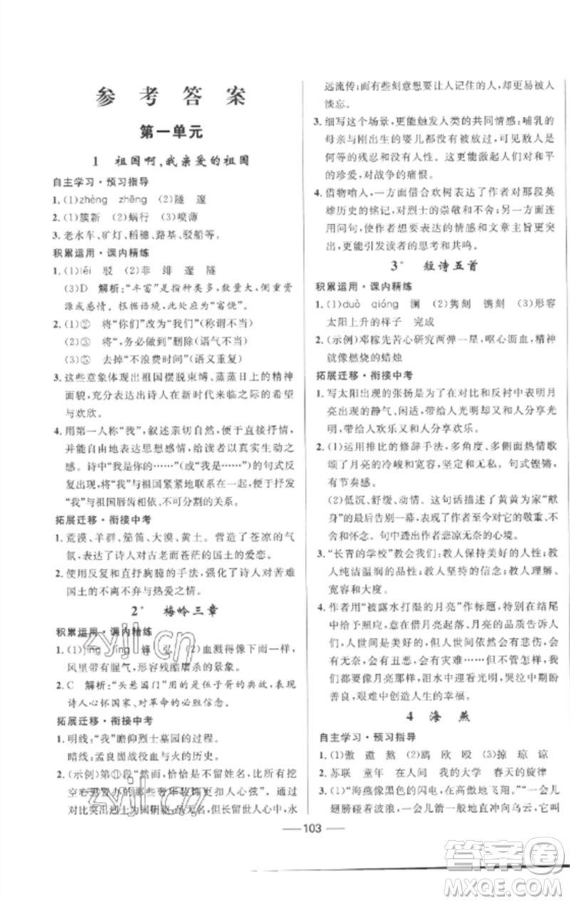 河北少年兒童出版社2023奪冠百分百新導(dǎo)學(xué)課時練九年級語文下冊人教版參考答案