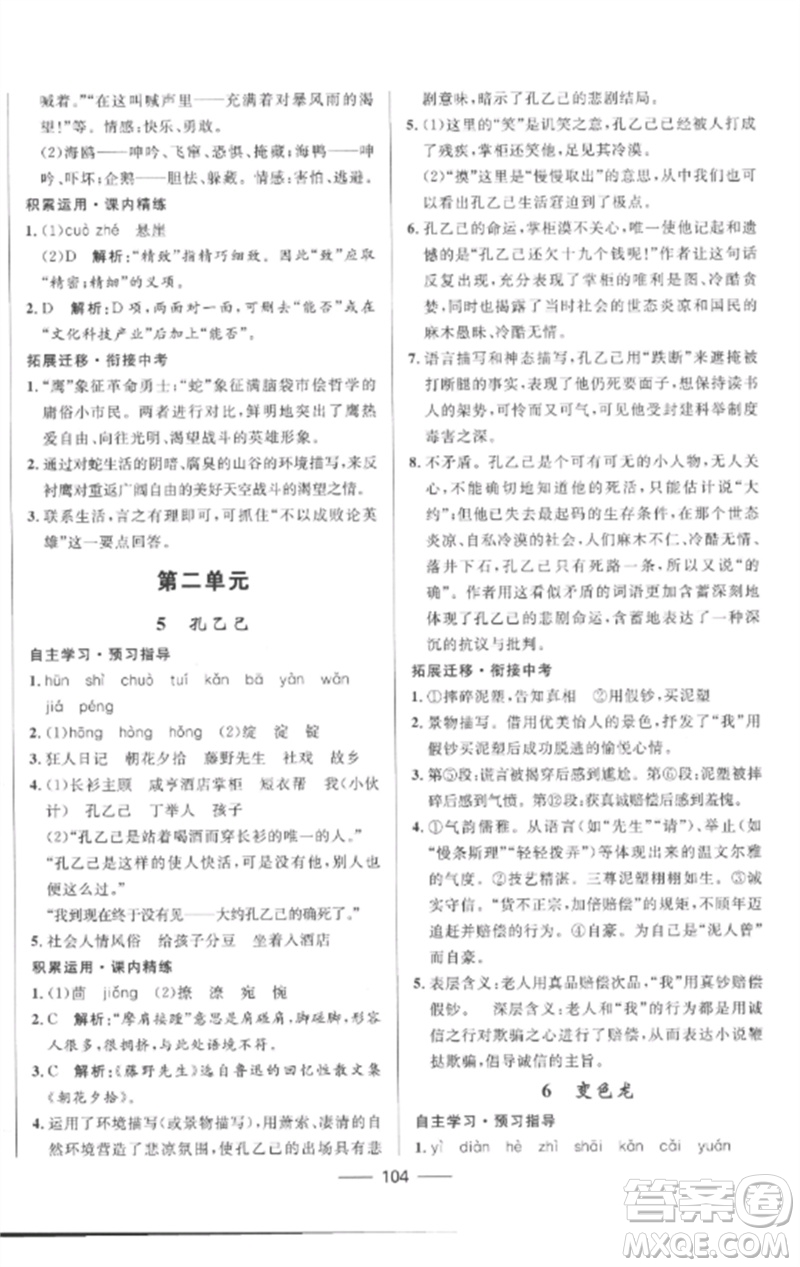 河北少年兒童出版社2023奪冠百分百新導(dǎo)學(xué)課時練九年級語文下冊人教版參考答案