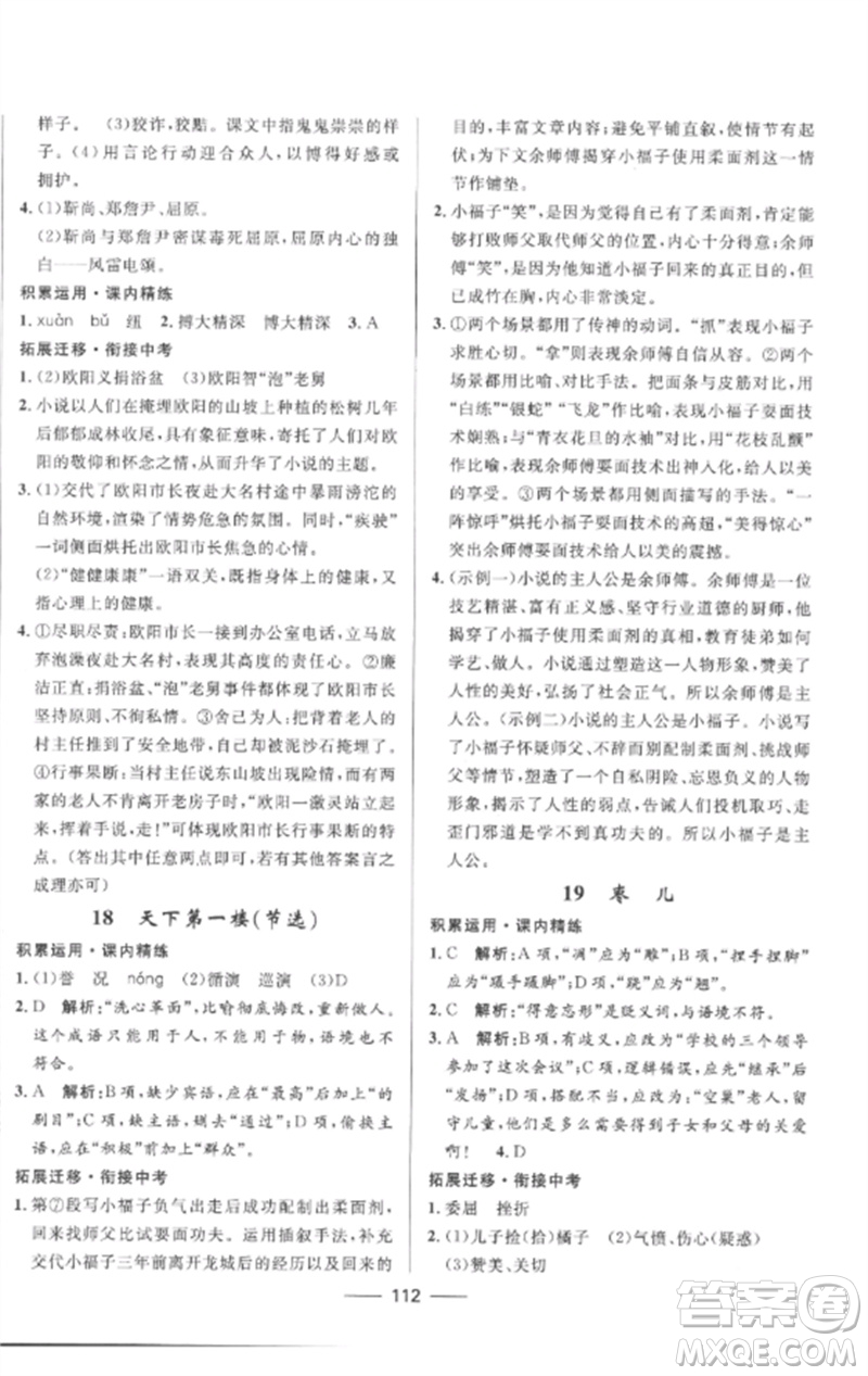 河北少年兒童出版社2023奪冠百分百新導(dǎo)學(xué)課時練九年級語文下冊人教版參考答案