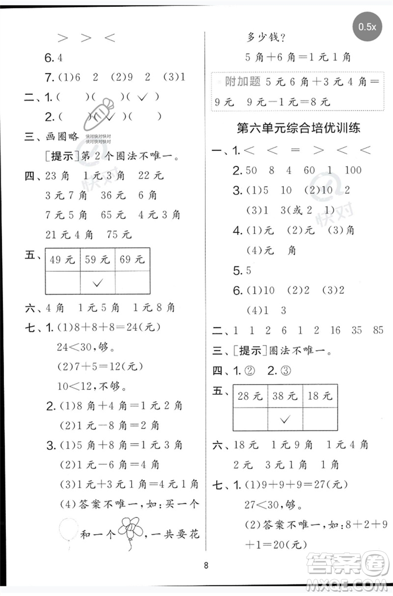 江蘇人民出版社2023春?jiǎn)卧p測(cè)全優(yōu)測(cè)評(píng)卷一年級(jí)數(shù)學(xué)下冊(cè)青島版參考答案