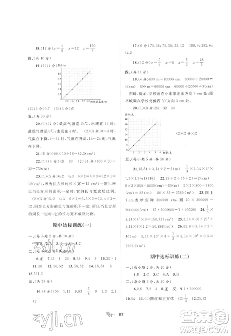 廣西師范大學(xué)出版社2023新課程學(xué)習(xí)與測評單元雙測六年級數(shù)學(xué)下冊北師大版D版參考答案