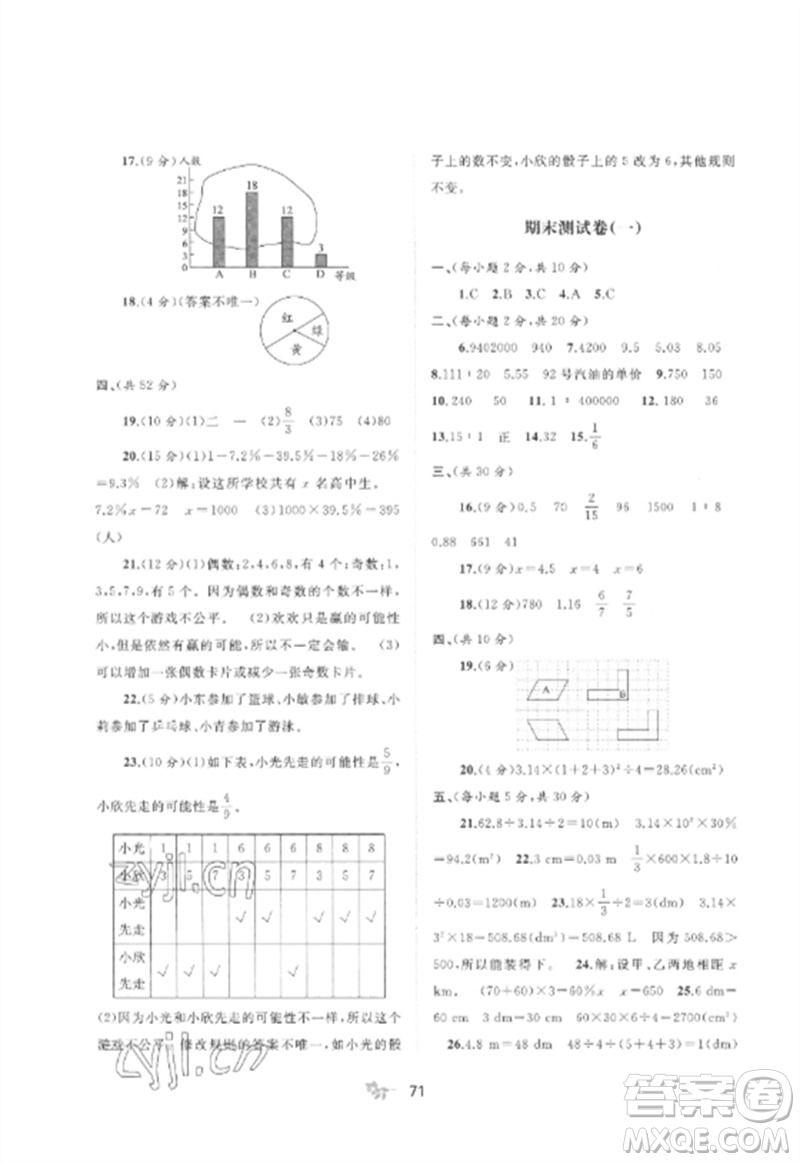 廣西師范大學(xué)出版社2023新課程學(xué)習(xí)與測評單元雙測六年級數(shù)學(xué)下冊北師大版D版參考答案
