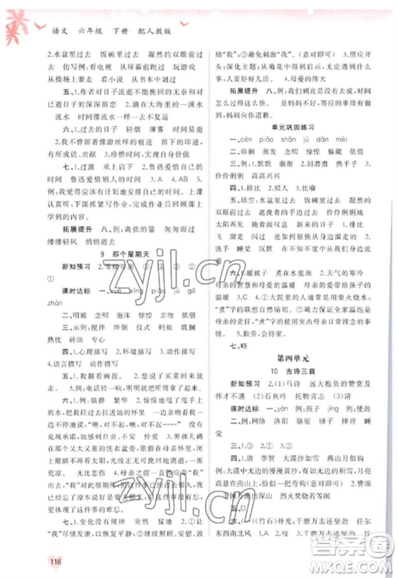 廣西師范大學出版社2023新課程學習與測評同步學習六年級語文下冊人教版參考答案