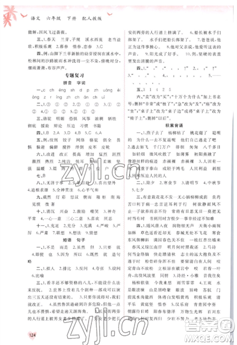 廣西師范大學出版社2023新課程學習與測評同步學習六年級語文下冊人教版參考答案