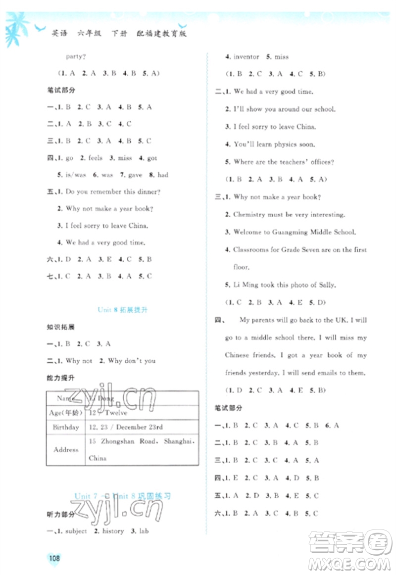 廣西師范大學(xué)出版社2023新課程學(xué)習(xí)與測評同步學(xué)習(xí)六年級(jí)英語下冊福建教育版參考答案
