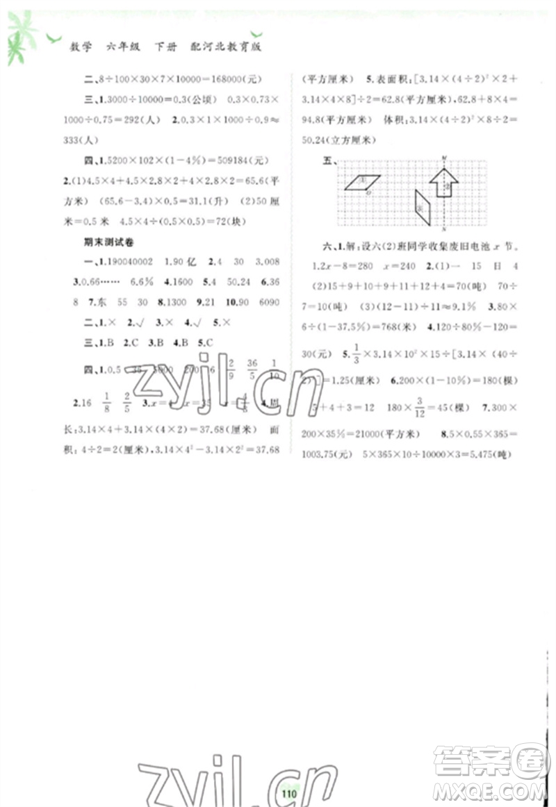 廣西師范大學(xué)出版社2023新課程學(xué)習(xí)與測(cè)評(píng)同步學(xué)習(xí)六年級(jí)數(shù)學(xué)下冊(cè)河北教育版參考答案
