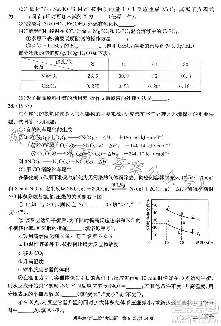 成都市2020級(jí)高中畢業(yè)班第二次診斷性檢測(cè)理科綜合試卷答案