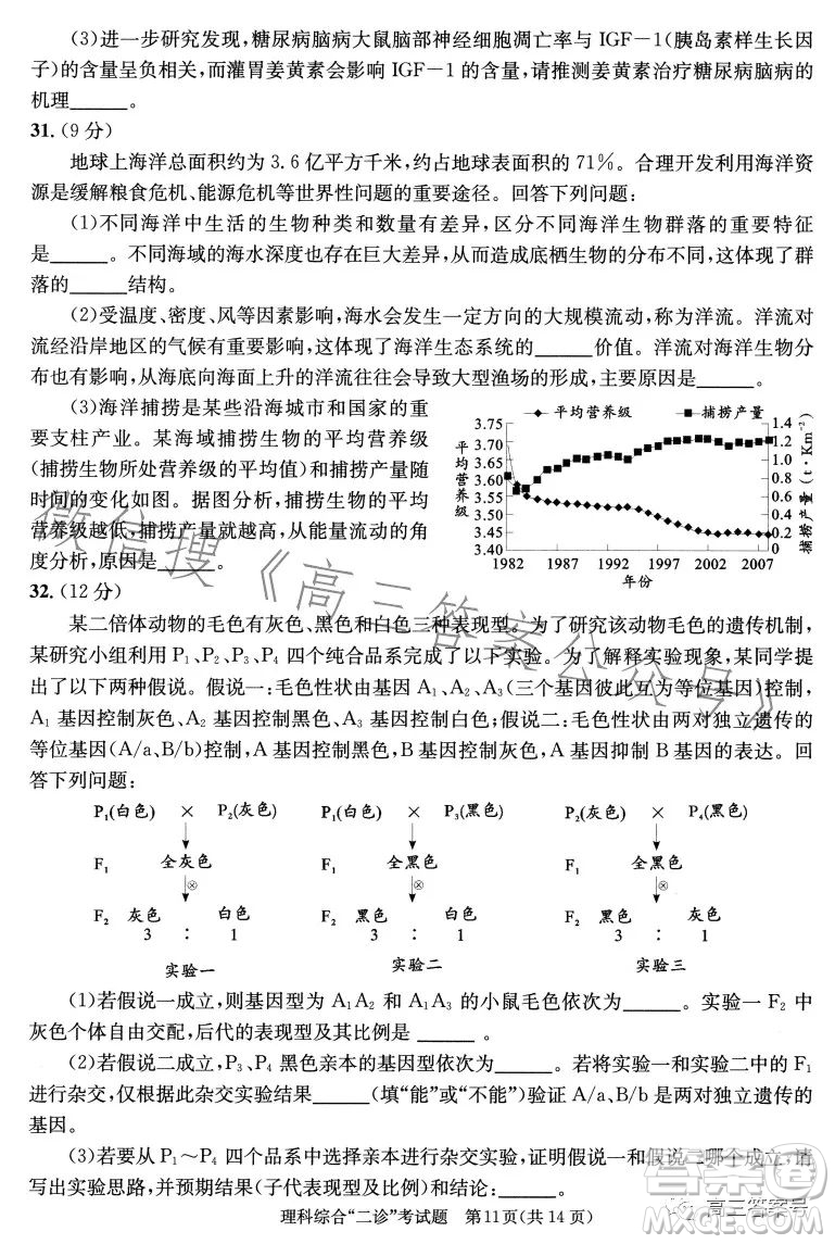 成都市2020級(jí)高中畢業(yè)班第二次診斷性檢測(cè)理科綜合試卷答案