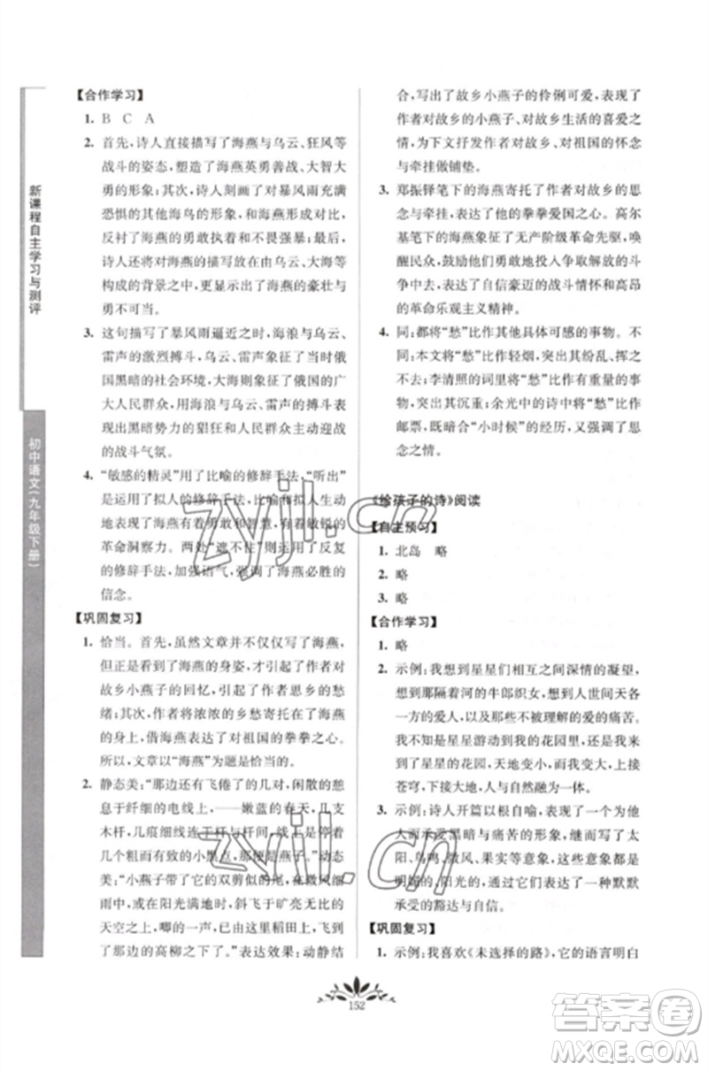南京師范大學出版社2023新課程自主學習與測評九年級語文下冊人教版參考答案