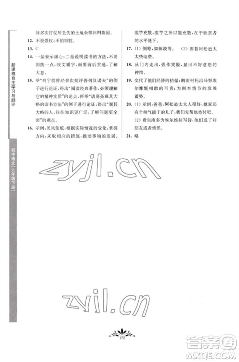 南京師范大學出版社2023新課程自主學習與測評九年級語文下冊人教版參考答案