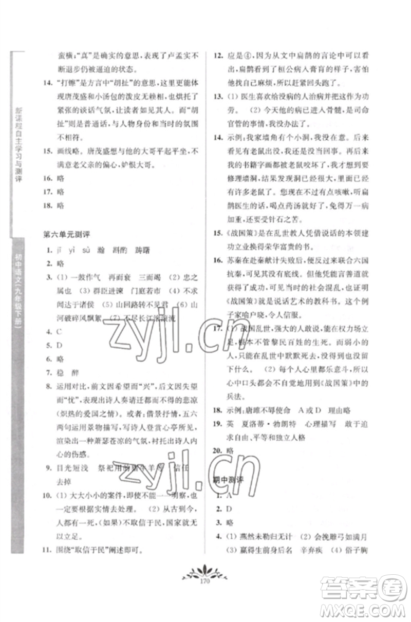 南京師范大學出版社2023新課程自主學習與測評九年級語文下冊人教版參考答案