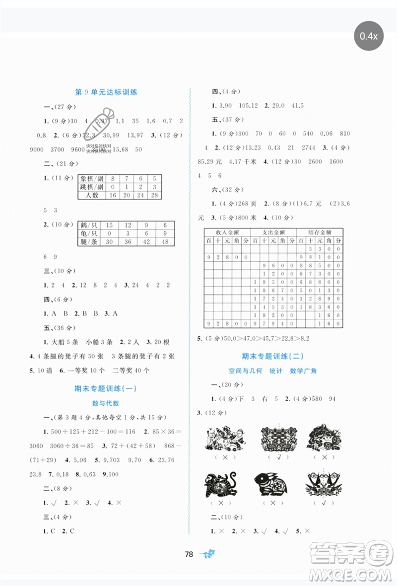 廣西師范大學出版社2023新課程學習與測評單元雙測四年級數(shù)學下冊人教版A版參考答案