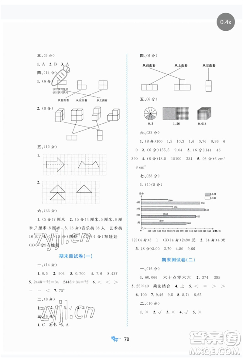 廣西師范大學出版社2023新課程學習與測評單元雙測四年級數(shù)學下冊人教版A版參考答案