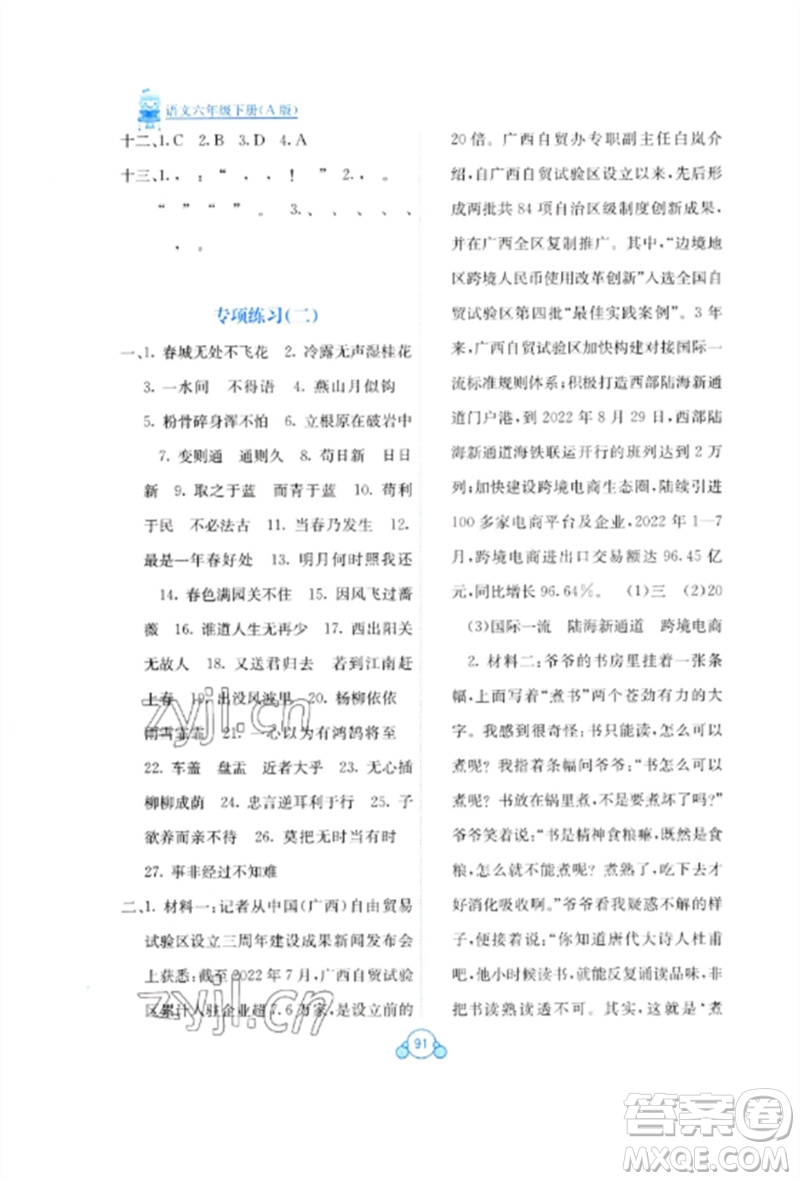 廣西教育出版社2023自主學(xué)習(xí)能力測評單元測試六年級語文下冊人教版A版參考答案