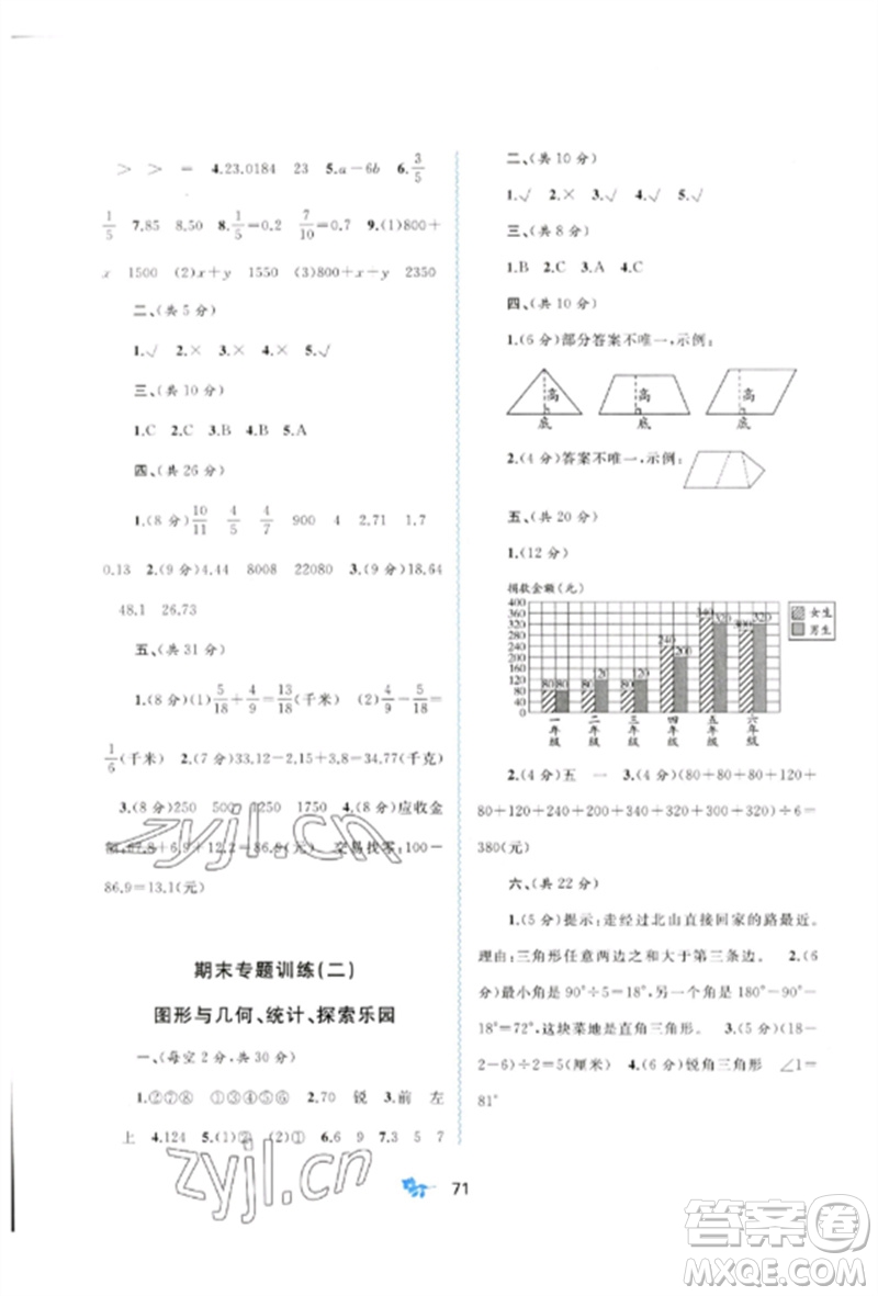 廣西師范大學(xué)出版社2023新課程學(xué)習(xí)與測(cè)評(píng)單元雙測(cè)四年級(jí)數(shù)學(xué)下冊(cè)冀教版C版參考答案