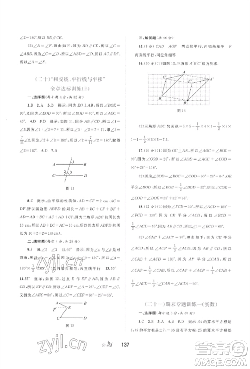 廣西師范大學(xué)出版社2023新課程學(xué)習(xí)與測(cè)評(píng)單元雙測(cè)七年級(jí)數(shù)學(xué)下冊(cè)滬科版C版參考答案