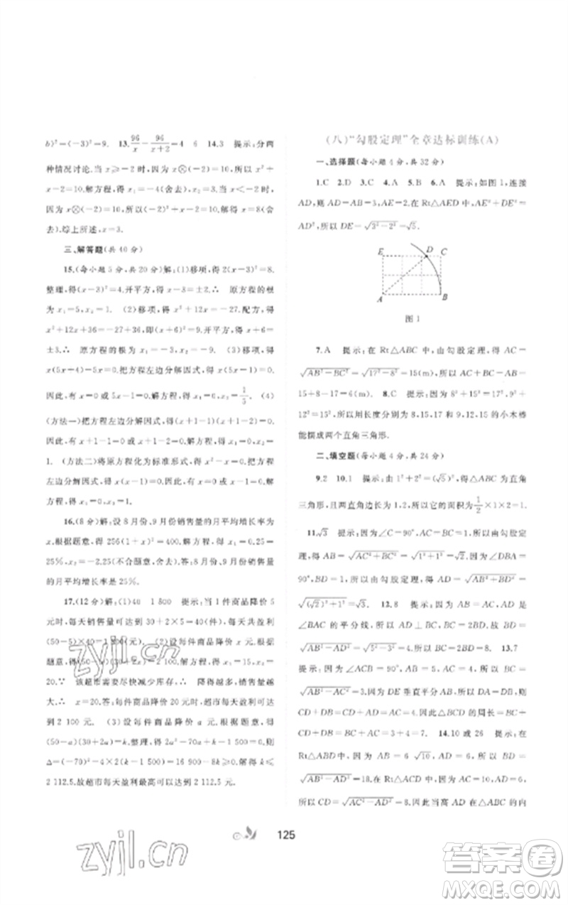 廣西師范大學(xué)出版社2023新課程學(xué)習(xí)與測評(píng)單元雙測八年級(jí)數(shù)學(xué)下冊(cè)滬科版C版參考答案