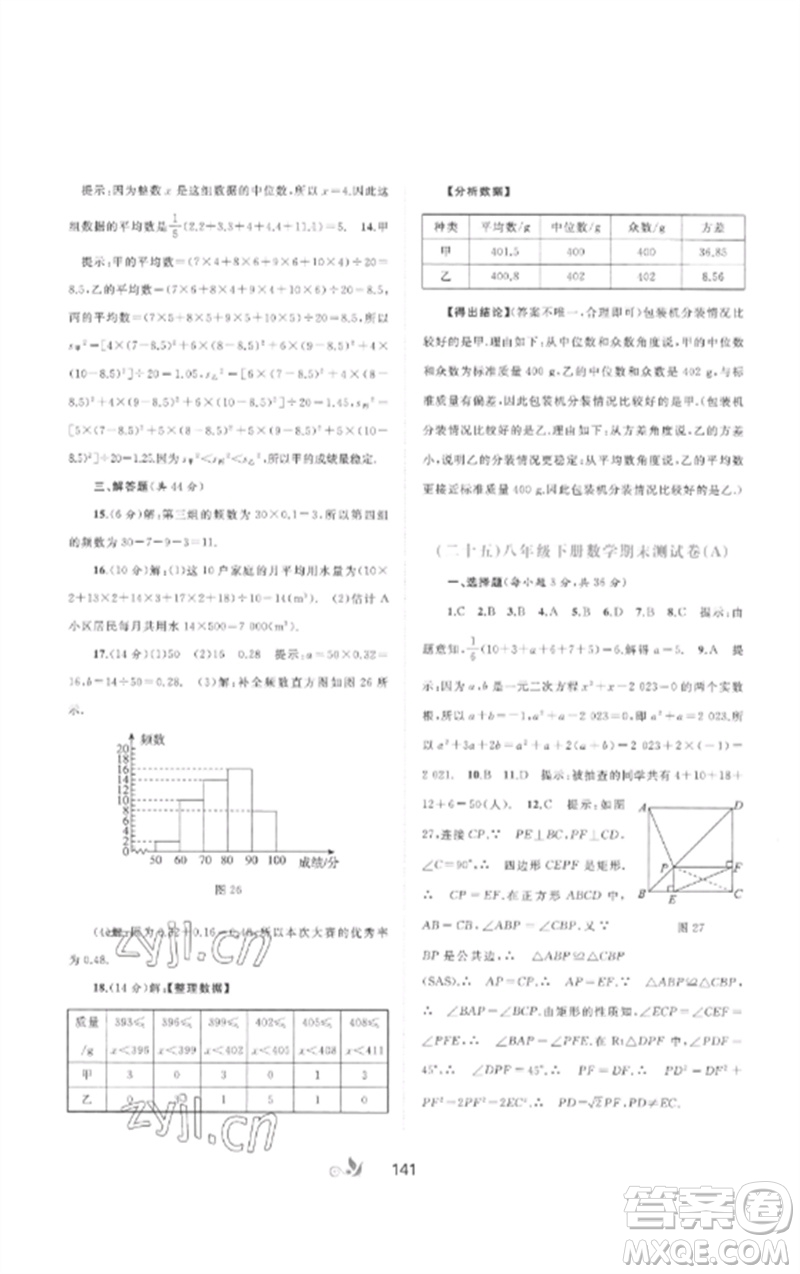廣西師范大學(xué)出版社2023新課程學(xué)習(xí)與測評(píng)單元雙測八年級(jí)數(shù)學(xué)下冊(cè)滬科版C版參考答案