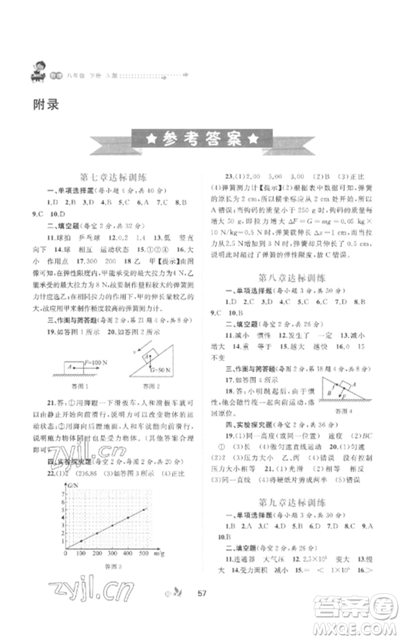 廣西師范大學(xué)出版社2023新課程學(xué)習(xí)與測(cè)評(píng)單元雙測(cè)八年級(jí)物理下冊(cè)人教版A版參考答案
