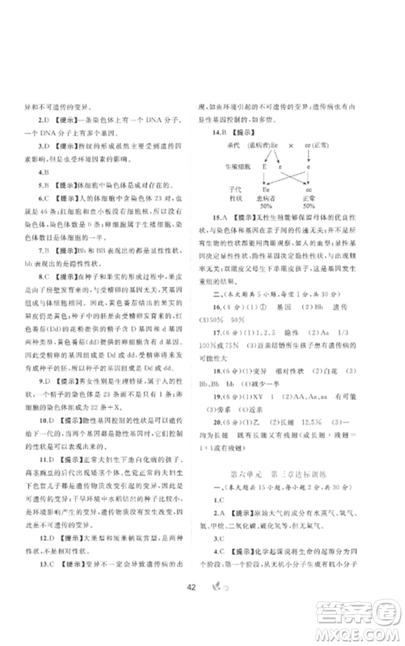 廣西師范大學出版社2023新課程學習與測評單元雙測八年級生物下冊冀少版C版參考答案