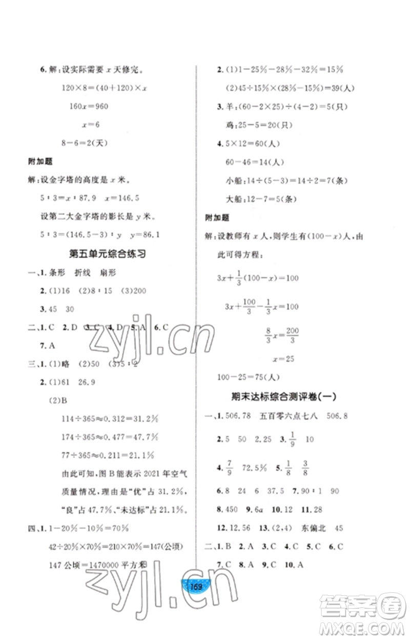 沈陽出版社2023黃岡名師天天練六年級數(shù)學(xué)下冊青島版參考答案