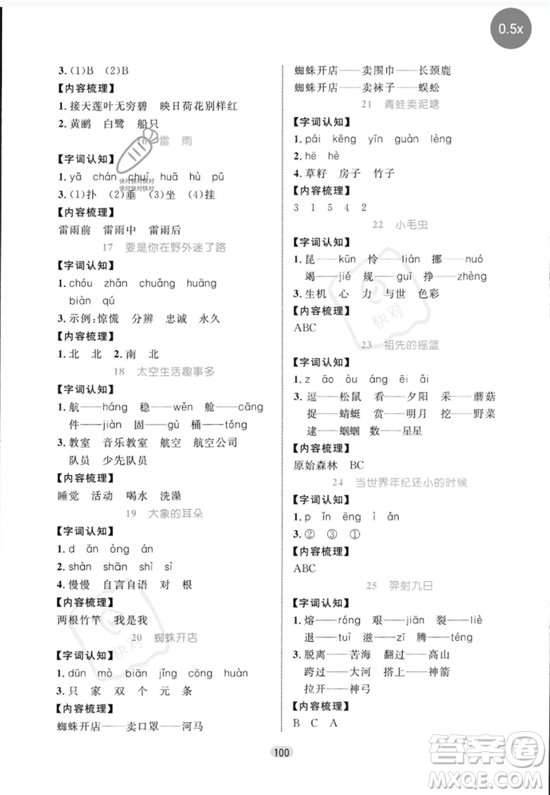 沈陽出版社2023黃岡名師天天練二年級語文下冊人教版參考答案