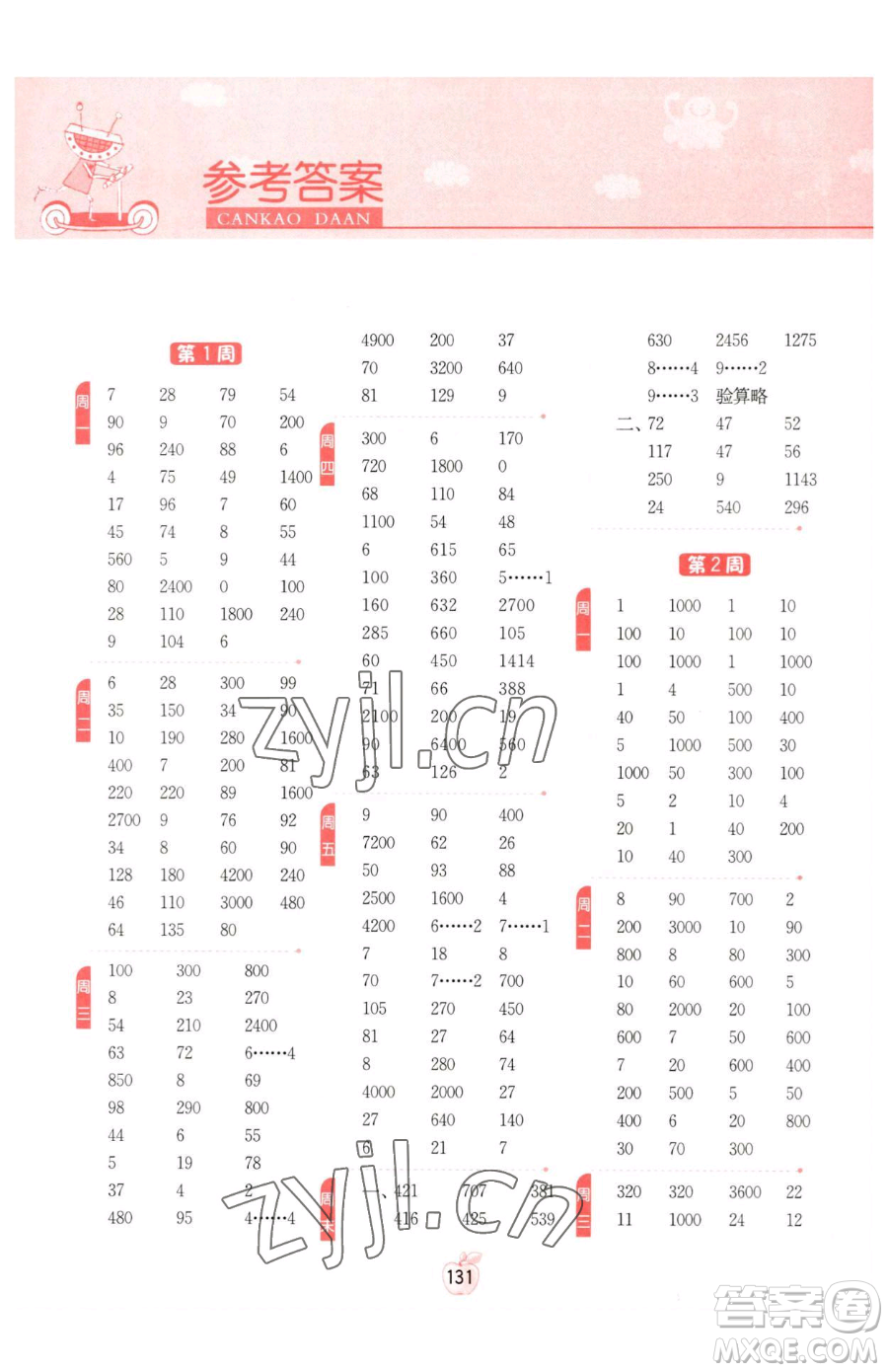 江蘇人民出版社2023小學(xué)數(shù)學(xué)計(jì)算高手三年級(jí)下冊(cè)數(shù)學(xué)RMJY人教版參考答案