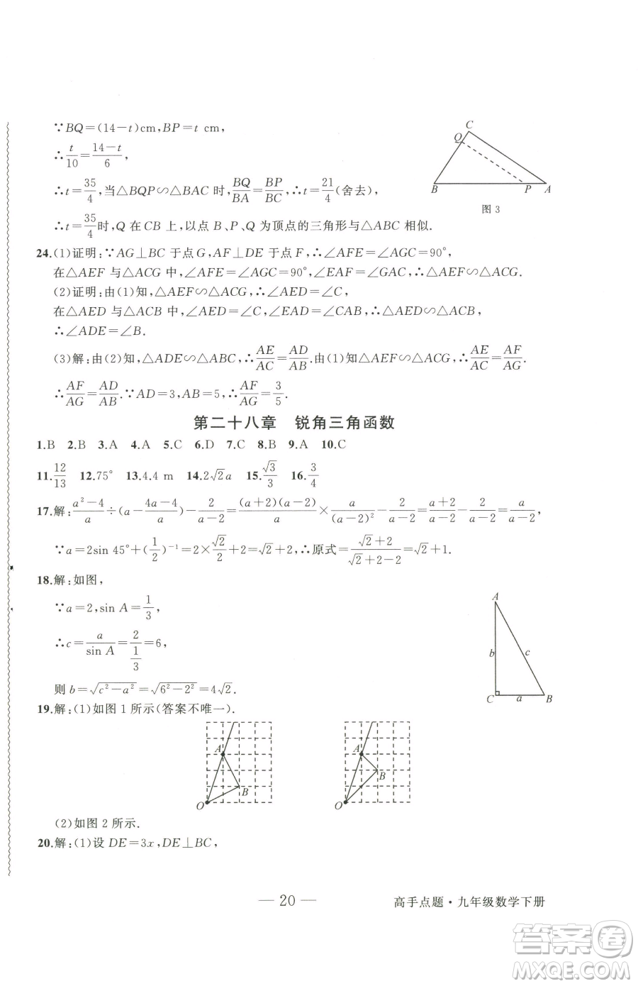 延邊大學(xué)出版社2023高手點題九年級下冊數(shù)學(xué)人教版參考答案
