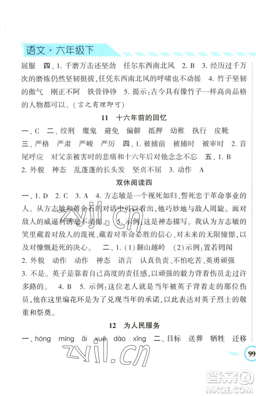 寧夏人民教育出版社2023經(jīng)綸學典課時作業(yè)六年級下冊語文人教版參考答案