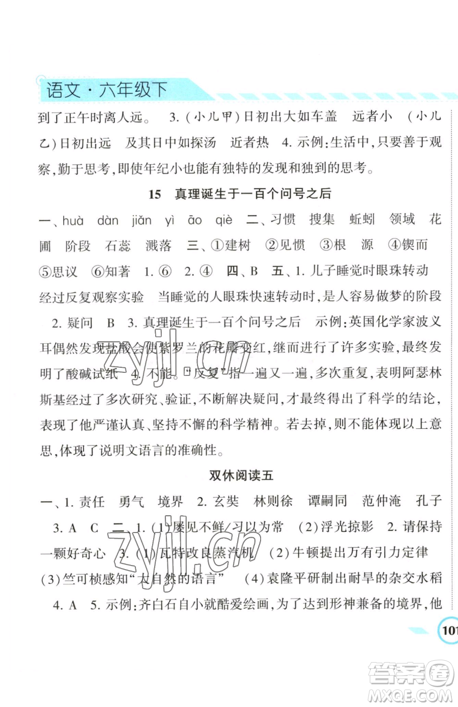 寧夏人民教育出版社2023經(jīng)綸學典課時作業(yè)六年級下冊語文人教版參考答案