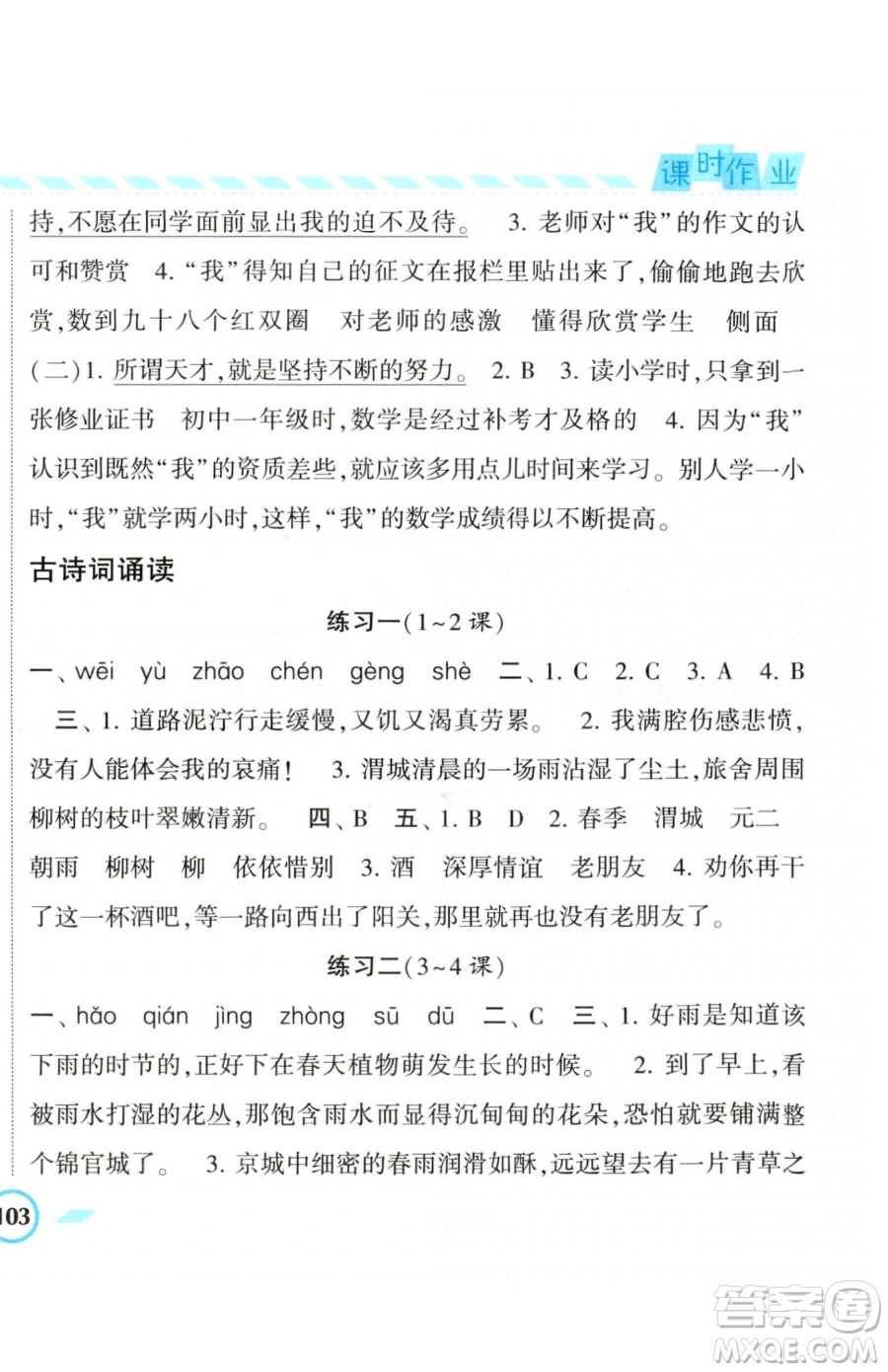 寧夏人民教育出版社2023經(jīng)綸學典課時作業(yè)六年級下冊語文人教版參考答案