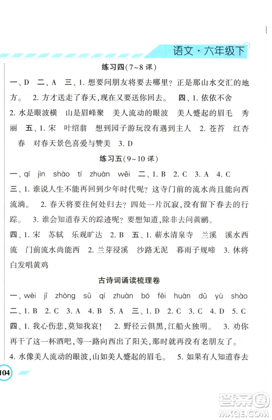寧夏人民教育出版社2023經(jīng)綸學典課時作業(yè)六年級下冊語文人教版參考答案
