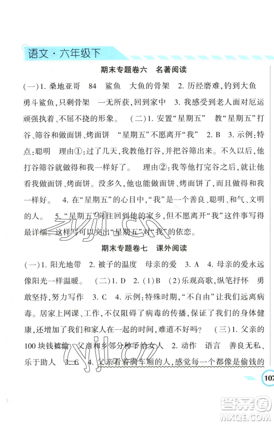 寧夏人民教育出版社2023經(jīng)綸學典課時作業(yè)六年級下冊語文人教版參考答案