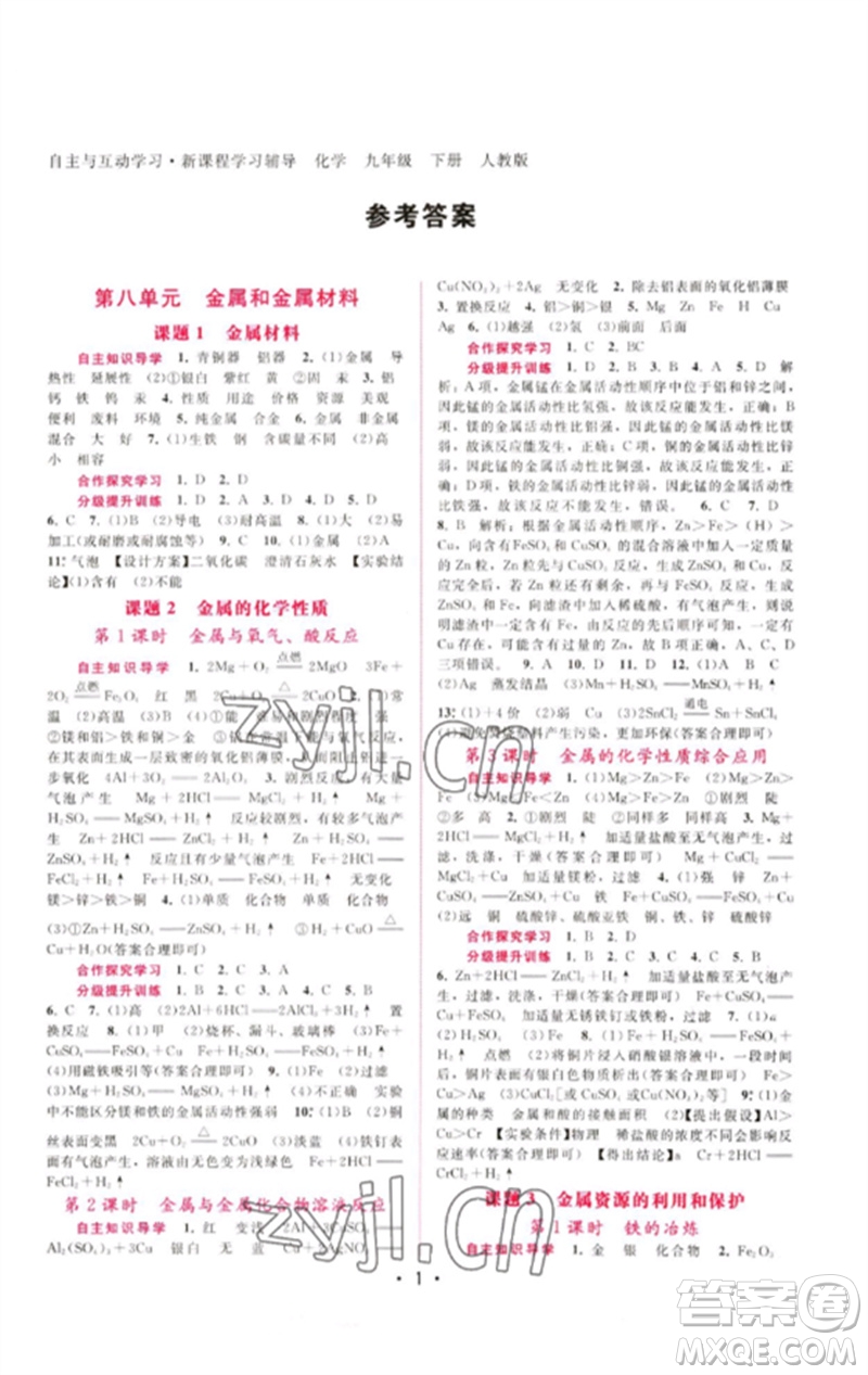 廣西師范大學(xué)出版社2023新課程學(xué)習(xí)輔導(dǎo)九年級(jí)化學(xué)下冊(cè)人教版參考答案